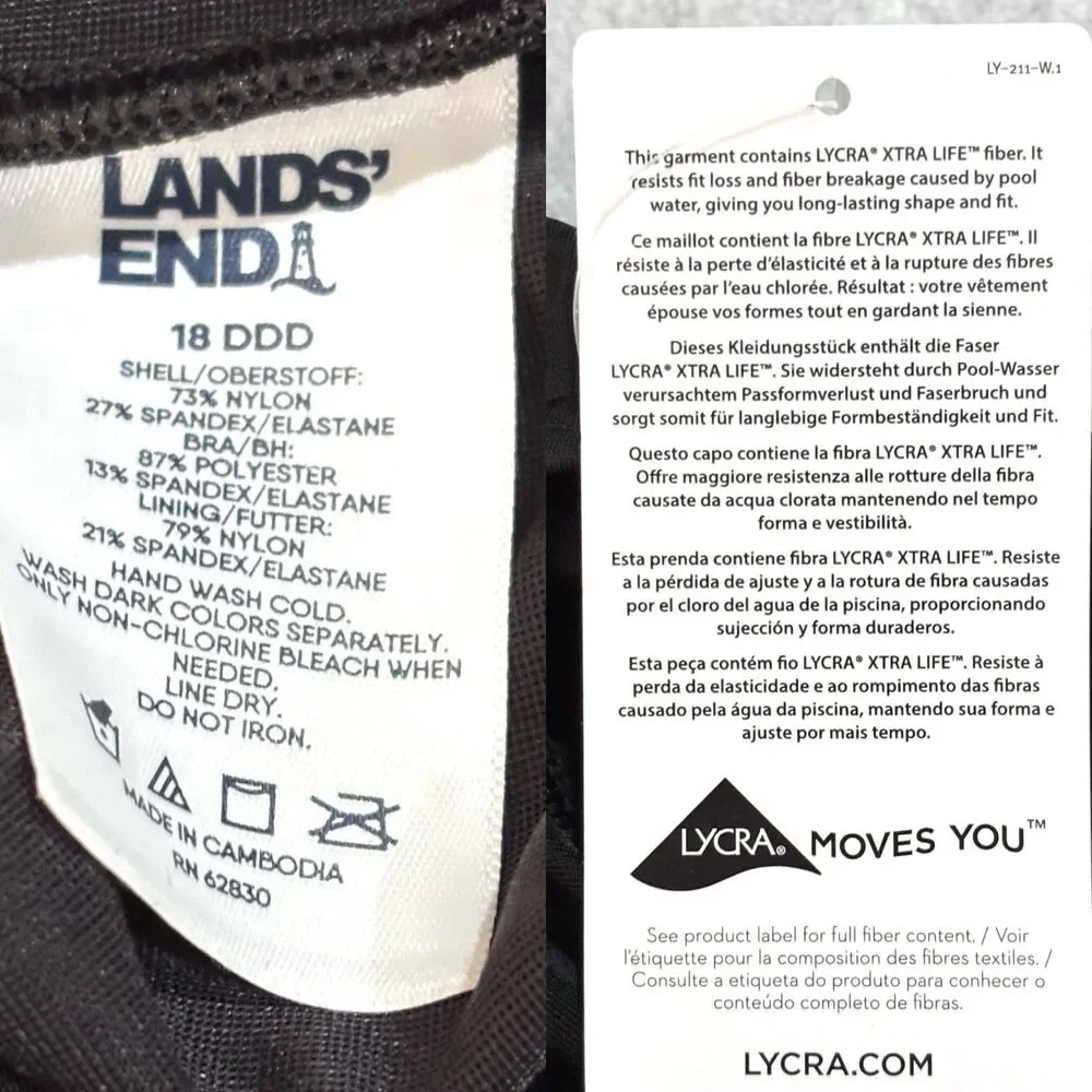 Land's End Tugless Swimsuit Black One Piece Bathing Suit NEW